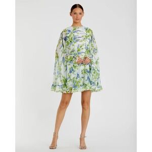 Mac Duggal 56029 Floral Cape Dress Wisteria Print Mini Flutter Ruffle Sleeveless